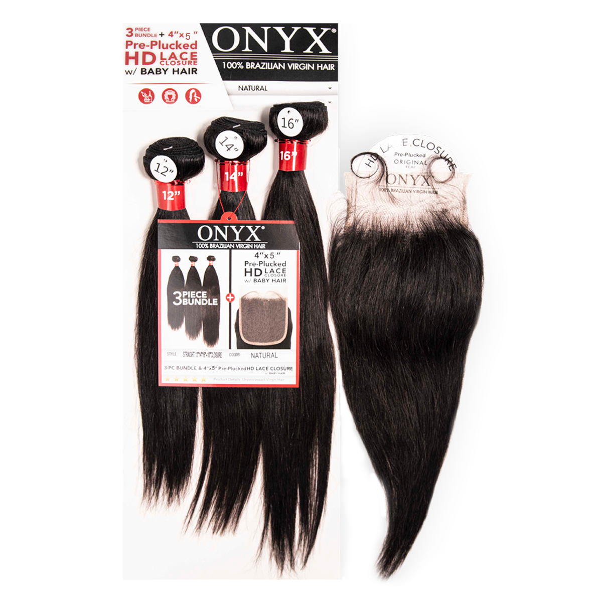 16"-18"-20" 3 Straight Bundles + 4" x 5" Pre-Plucked HD Lace U-Shaped Closure With Baby Hair