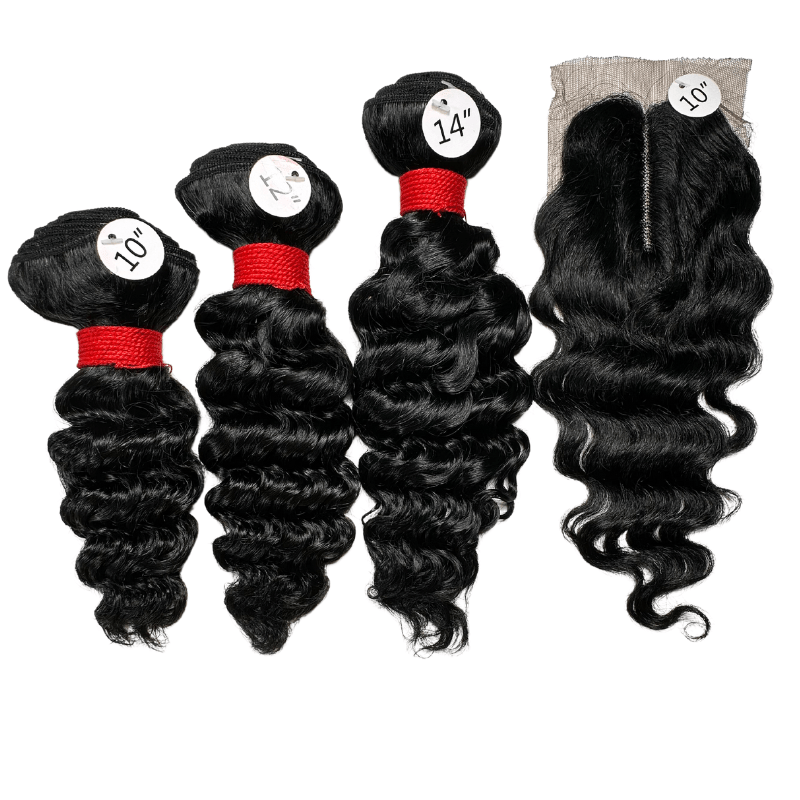 12"-14"-16" 3 Deep Wave Bundles 9A + 4" x 4" U-Shaped Lace Front Closure