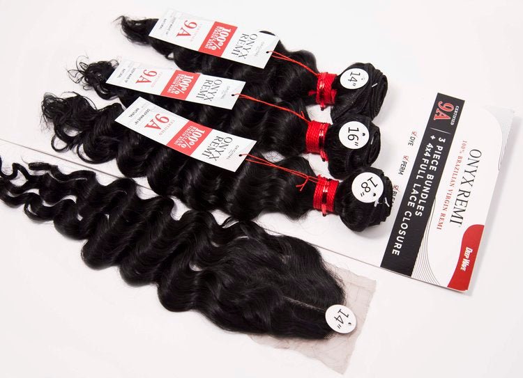 Onyx Remi3 Deep Wave Bundles 9A + 4" x 4" U - Shaped Lace Front Closure - Natural Black - Easy Hair Co
