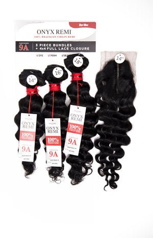 Onyx Remi3 Deep Wave Bundles 9A + 4" x 4" U - Shaped Lace Front Closure - Natural Black - Easy Hair Co